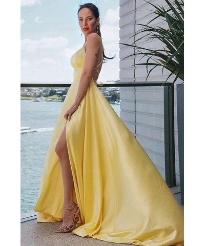 Long Bridesmaid Dresses for Women Satin Ball Gown High Slit Spaghetti Straps Formal Dress with Pockets Coral $24.30 Dresses