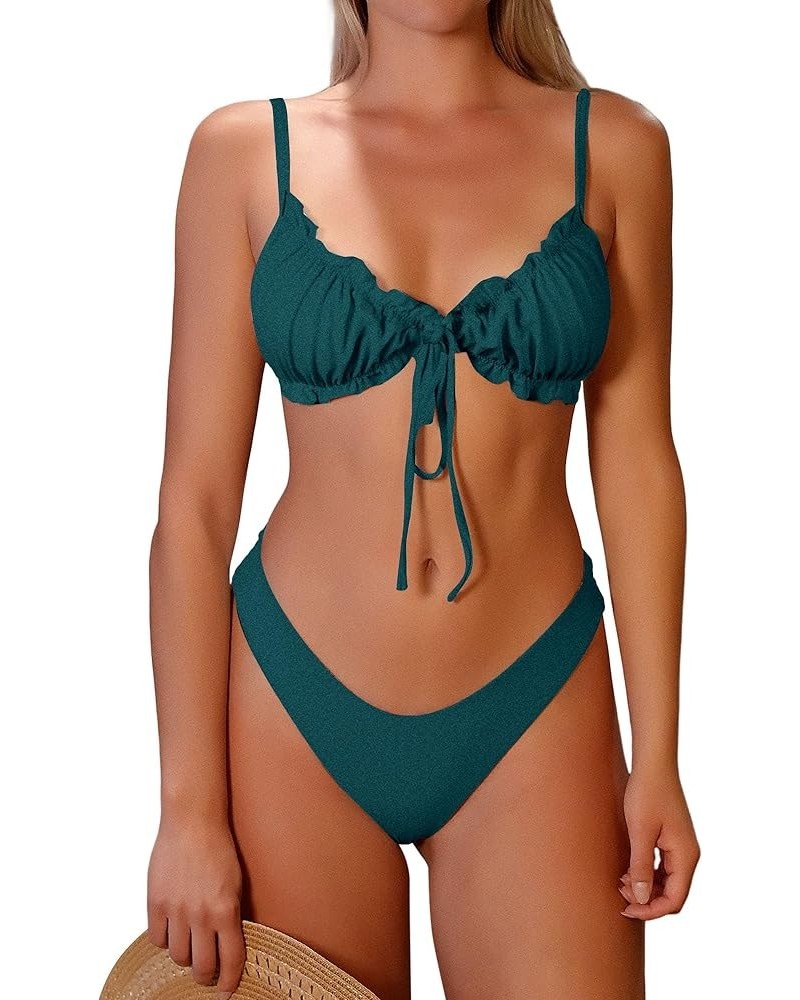 Women's Triangle Bikini Floral Ruffles Bow Tie Up Bikini Set Two Piece Swimsuit 1-peacock Blue $15.96 Swimsuits