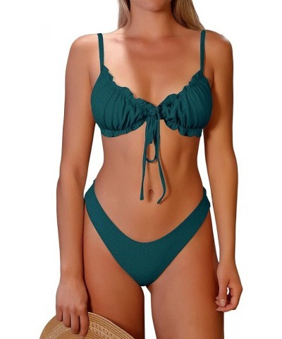 Women's Triangle Bikini Floral Ruffles Bow Tie Up Bikini Set Two Piece Swimsuit 1-peacock Blue $15.96 Swimsuits