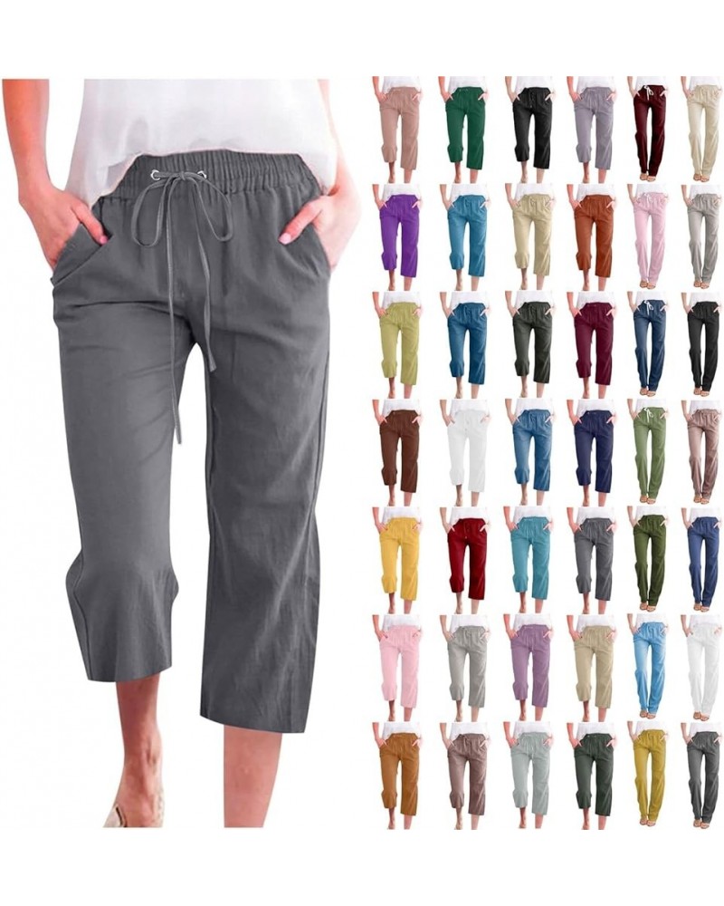 Capri Pants for Women 2024 Casual Summer Linen Pants Drawstring Elastic High Waist Straight Wide Leg Cropped Trouser Holiday ...