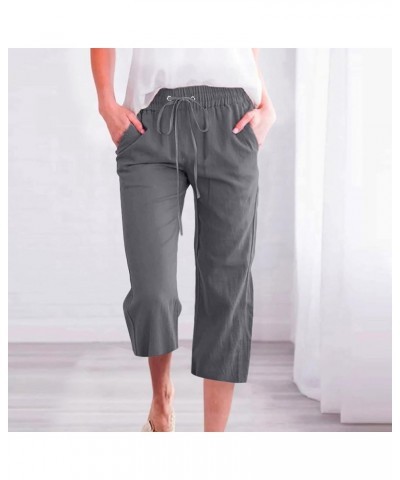 Capri Pants for Women 2024 Casual Summer Linen Pants Drawstring Elastic High Waist Straight Wide Leg Cropped Trouser Holiday ...