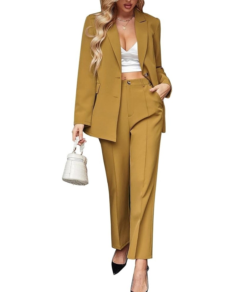 Women 2 Piece Outfits Casual Solid Long Sleeve Button Front Blazer and Pants Business Office Work Suits Set Brown $20.40 Suits