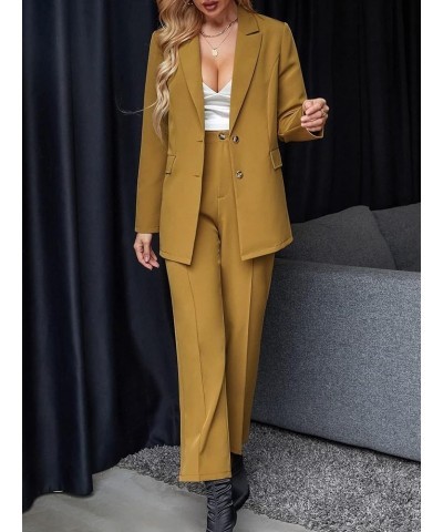 Women 2 Piece Outfits Casual Solid Long Sleeve Button Front Blazer and Pants Business Office Work Suits Set Brown $20.40 Suits