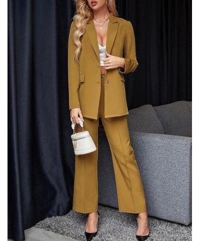 Women 2 Piece Outfits Casual Solid Long Sleeve Button Front Blazer and Pants Business Office Work Suits Set Brown $20.40 Suits