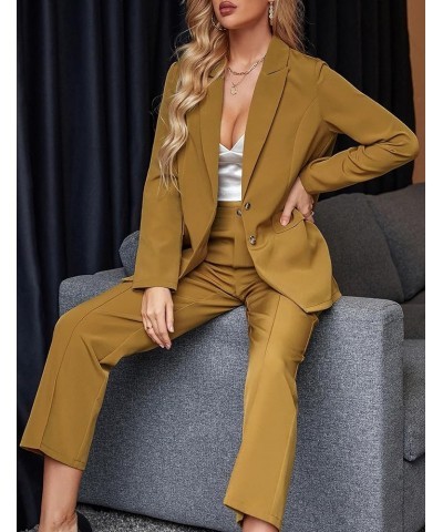 Women 2 Piece Outfits Casual Solid Long Sleeve Button Front Blazer and Pants Business Office Work Suits Set Brown $20.40 Suits