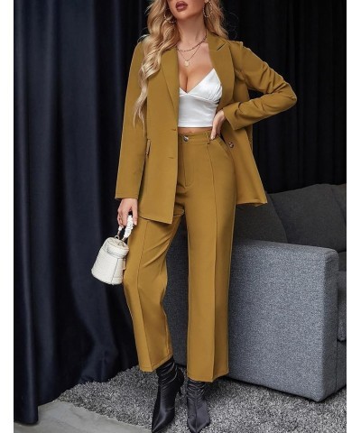 Women 2 Piece Outfits Casual Solid Long Sleeve Button Front Blazer and Pants Business Office Work Suits Set Brown $20.40 Suits