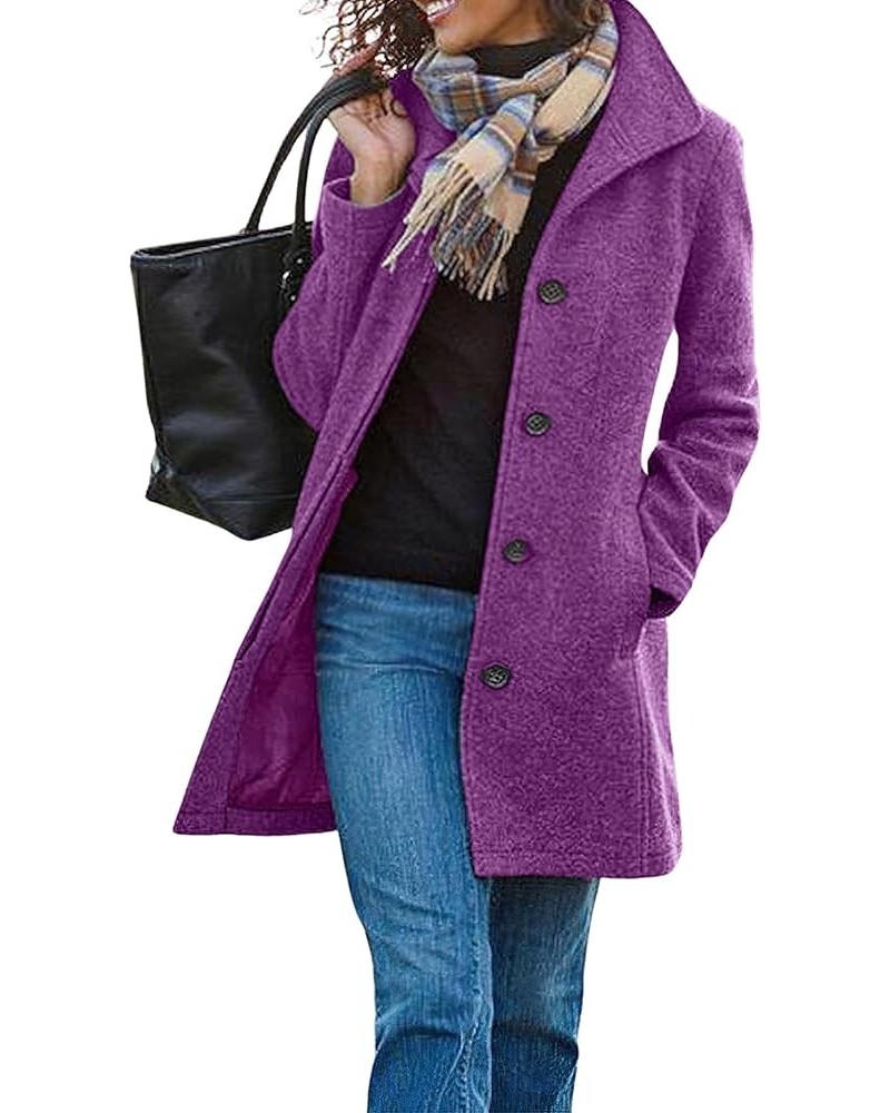 Women's Casual Thicken Wool Blend Stand Collar Single Breasted Pea Coat Purple $30.79 Coats