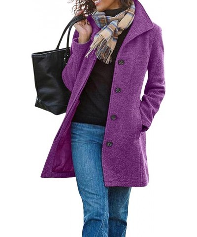 Women's Casual Thicken Wool Blend Stand Collar Single Breasted Pea Coat Purple $30.79 Coats