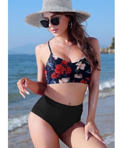 Women's Two Piece Swimsuits High Waist Retro Vintage Bikini Swimwear Ruched Tummy Control Bathing Suit Plus Size Pink Floral ...