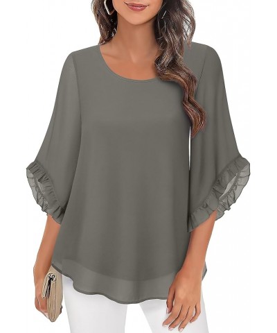 Women's 3/4 Ruffle Sleeve Blouse Tops Double Layers Flowy Shirts Elegant Chiffon Blouses Elephant Skin $10.81 Blouses