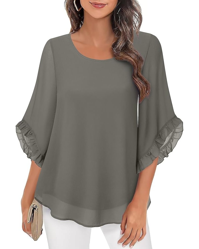 Women's 3/4 Ruffle Sleeve Blouse Tops Double Layers Flowy Shirts Elegant Chiffon Blouses Elephant Skin $10.81 Blouses