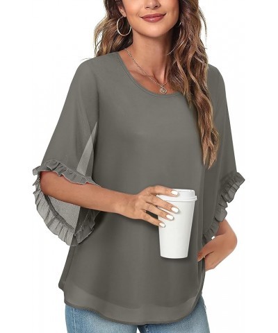 Women's 3/4 Ruffle Sleeve Blouse Tops Double Layers Flowy Shirts Elegant Chiffon Blouses Elephant Skin $10.81 Blouses