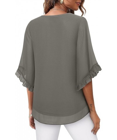 Women's 3/4 Ruffle Sleeve Blouse Tops Double Layers Flowy Shirts Elegant Chiffon Blouses Elephant Skin $10.81 Blouses