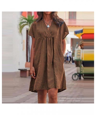 Women Plain Cotton Linen Dresses Summer Half Sleeve Knee-Length Dress Boho Plus Size Pockets Loose Fit Midi Long Dress B-coff...