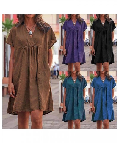 Women Plain Cotton Linen Dresses Summer Half Sleeve Knee-Length Dress Boho Plus Size Pockets Loose Fit Midi Long Dress B-coff...