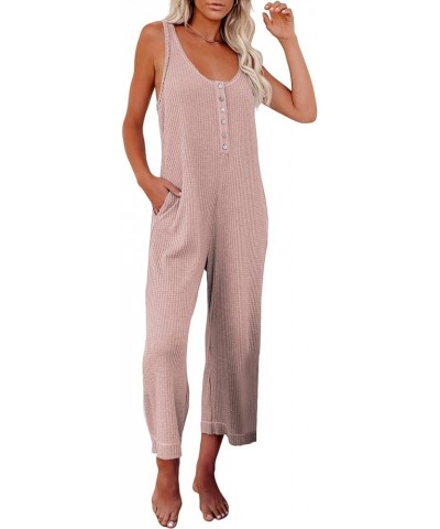 Women's Casual Sleeveless Front Button Loose Jumpsuits Stretchy Long Pants Romper with Pockets B Pink 1 $16.58 Jumpsuits