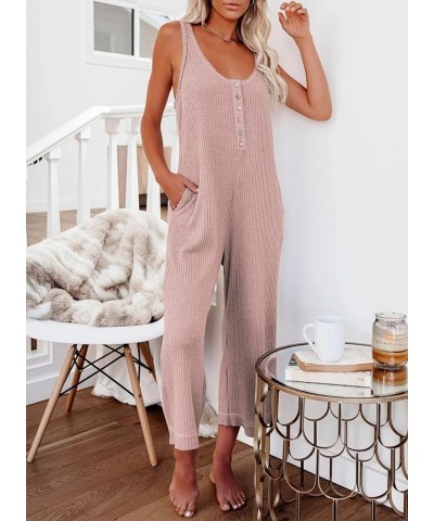 Women's Casual Sleeveless Front Button Loose Jumpsuits Stretchy Long Pants Romper with Pockets B Pink 1 $16.58 Jumpsuits