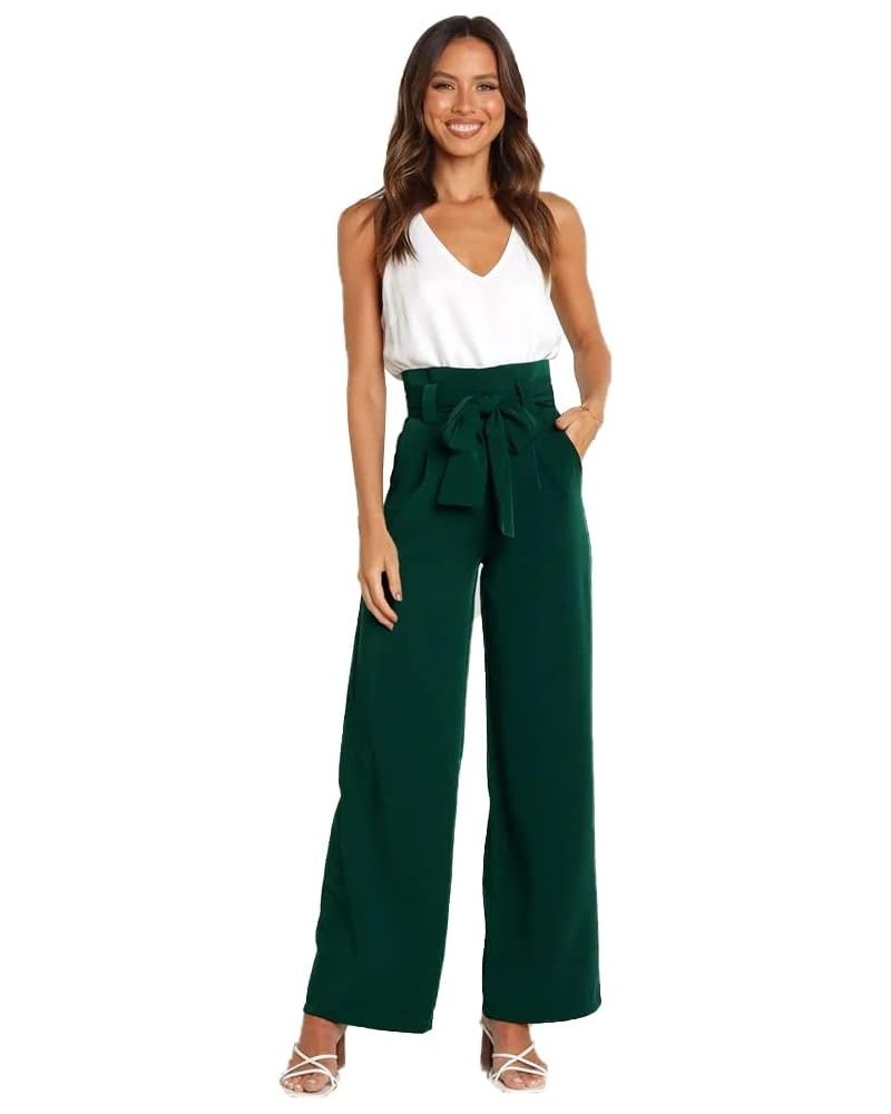 Women's Casual High Waist Belted Wide Leg Pants with Pocket Bow-Knot Self Tie Work Pants Long Palazzo Pants Trousers Green $1...