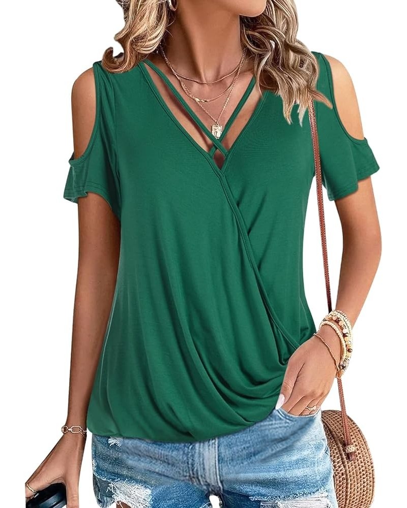 Womens Summer Cold Shoulder Tops Sexy Casual Short Sleeve Wrap V Neck T Shirts Cute Loose Fit Blouse Green $14.57 Blouses