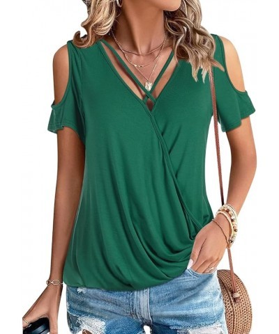 Womens Summer Cold Shoulder Tops Sexy Casual Short Sleeve Wrap V Neck T Shirts Cute Loose Fit Blouse Green $14.57 Blouses