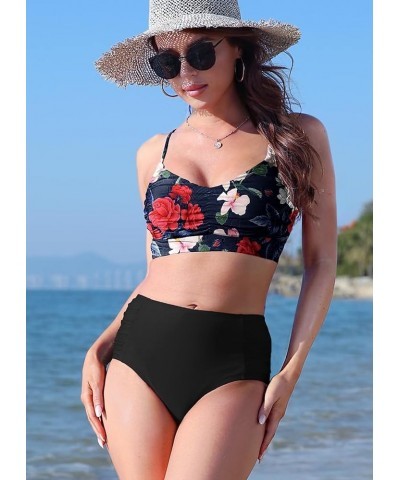 Women's Two Piece Swimsuits High Waist Retro Vintage Bikini Swimwear Ruched Tummy Control Bathing Suit Plus Size Pink Floral ...