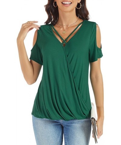 Womens Summer Cold Shoulder Tops Sexy Casual Short Sleeve Wrap V Neck T Shirts Cute Loose Fit Blouse Green $14.57 Blouses