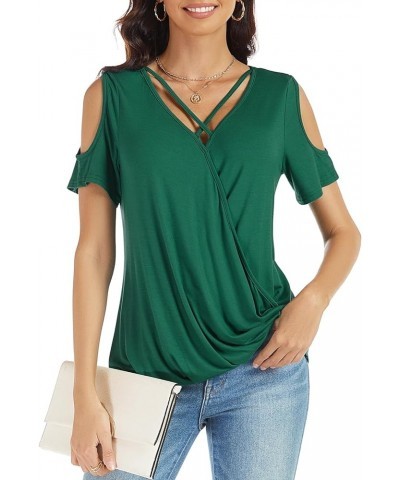 Womens Summer Cold Shoulder Tops Sexy Casual Short Sleeve Wrap V Neck T Shirts Cute Loose Fit Blouse Green $14.57 Blouses