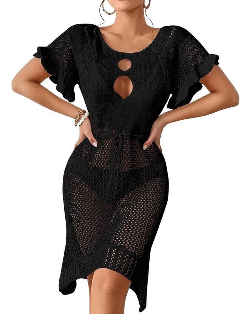 Women Lace Up V Neck Long Sleeve Crochet Swimsuit Cover Up Dress Black $17.15 Swimsuits