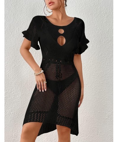 Women Lace Up V Neck Long Sleeve Crochet Swimsuit Cover Up Dress Black $17.15 Swimsuits