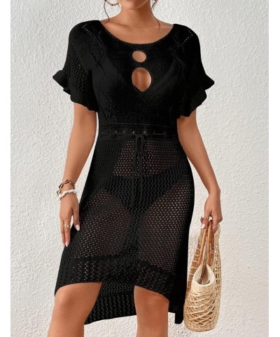 Women Lace Up V Neck Long Sleeve Crochet Swimsuit Cover Up Dress Black $17.15 Swimsuits