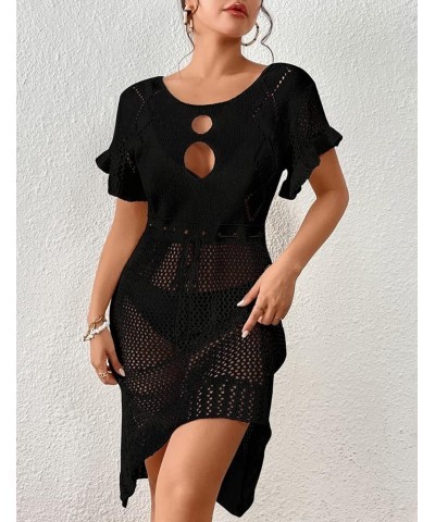 Women Lace Up V Neck Long Sleeve Crochet Swimsuit Cover Up Dress Black $17.15 Swimsuits