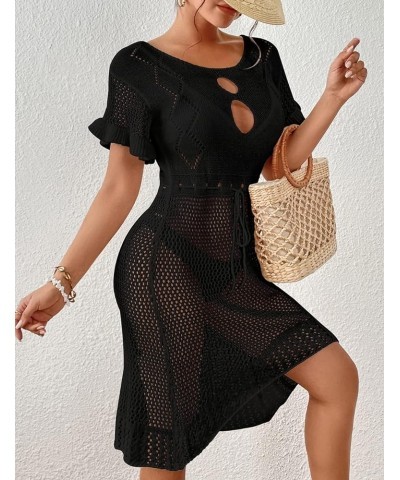 Women Lace Up V Neck Long Sleeve Crochet Swimsuit Cover Up Dress Black $17.15 Swimsuits