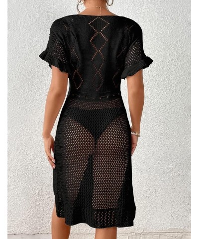 Women Lace Up V Neck Long Sleeve Crochet Swimsuit Cover Up Dress Black $17.15 Swimsuits