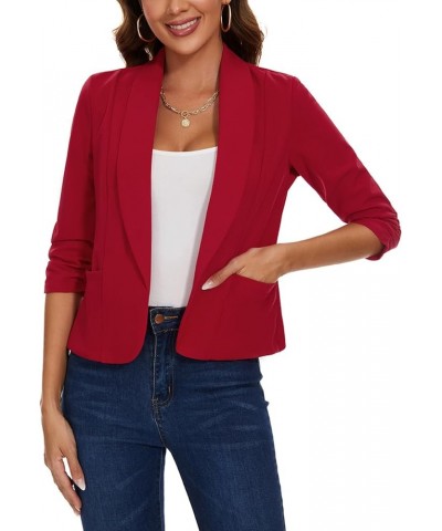 Womens Casual Blazers Open Front Shawl Lapel 3/4 Ruched Sleeve Blazer Work Office Lightweight Jackets with Pockets Red $17.63...