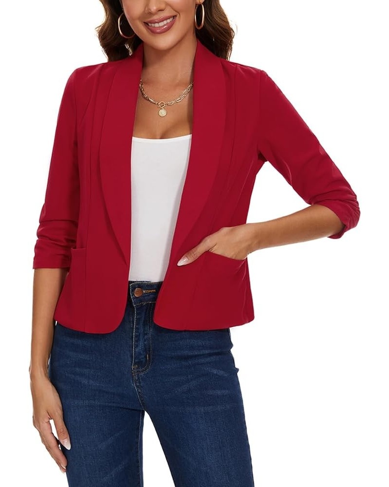 Womens Casual Blazers Open Front Shawl Lapel 3/4 Ruched Sleeve Blazer Work Office Lightweight Jackets with Pockets Red $17.63...