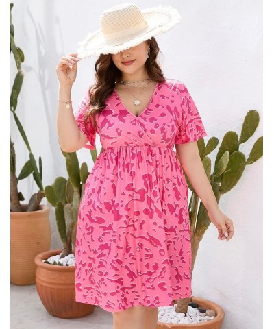 Plus Size Summer Dress Women's V Neck Short Sleeve A Line Flowy Midi Dresses Plus Size Floral Party Dress S-pink Flower $18.6...