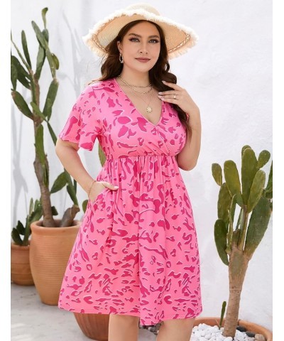 Plus Size Summer Dress Women's V Neck Short Sleeve A Line Flowy Midi Dresses Plus Size Floral Party Dress S-pink Flower $18.6...