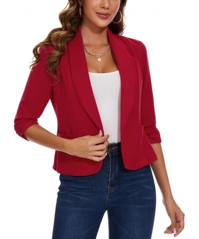 Womens Casual Blazers Open Front Shawl Lapel 3/4 Ruched Sleeve Blazer Work Office Lightweight Jackets with Pockets Red $17.63...