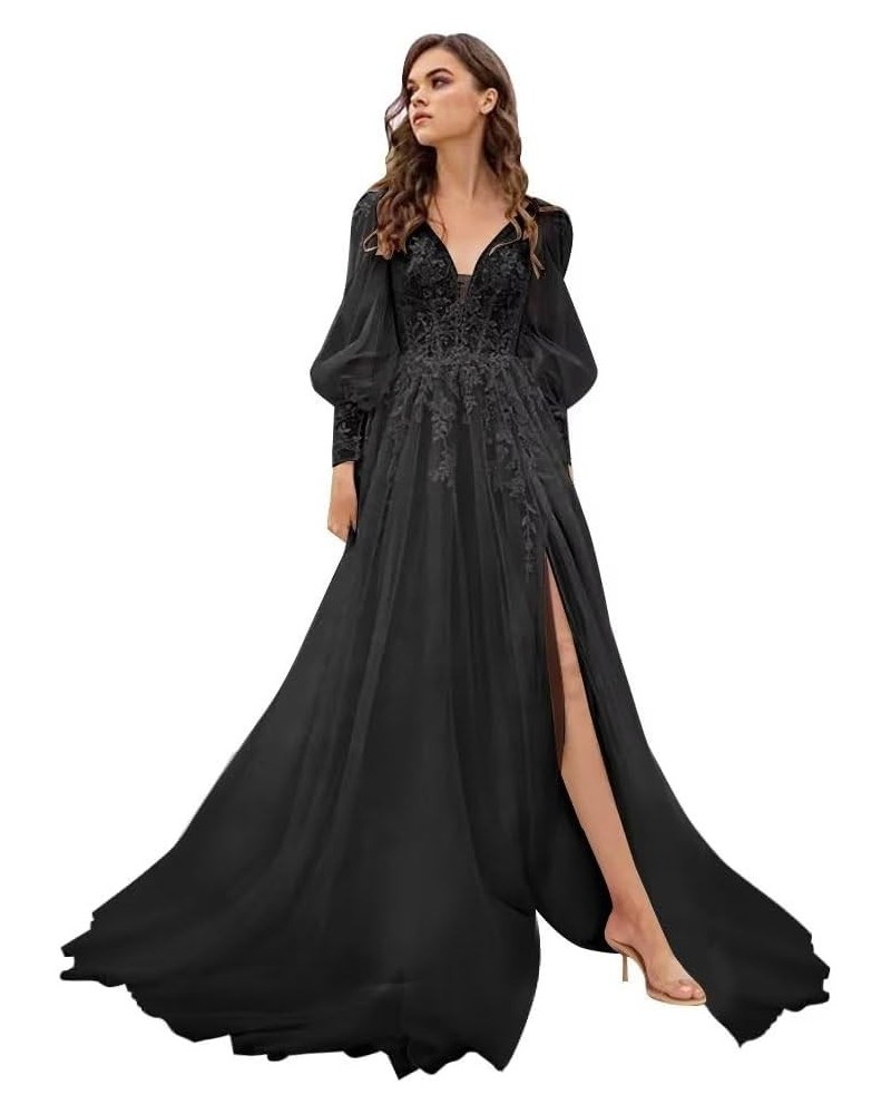 Long Sleeve Tulle Prom Dresses Long Lace Applique Ball Gown 2024 A Line Wedding Evening Party Gowns Black $44.52 Dresses