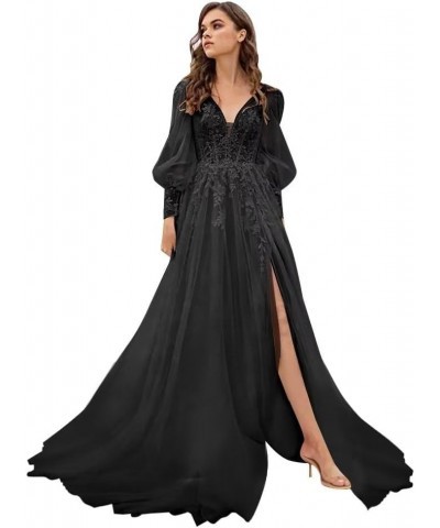 Long Sleeve Tulle Prom Dresses Long Lace Applique Ball Gown 2024 A Line Wedding Evening Party Gowns Black $44.52 Dresses