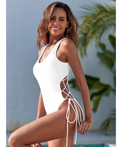 Women's One Piece Swimsuit High Leg Bathing Suit Cutout 1 Piece Swimsuit White $15.39 Swimsuits