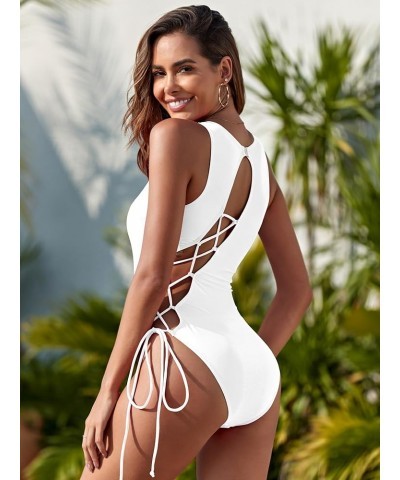 Women's One Piece Swimsuit High Leg Bathing Suit Cutout 1 Piece Swimsuit White $15.39 Swimsuits