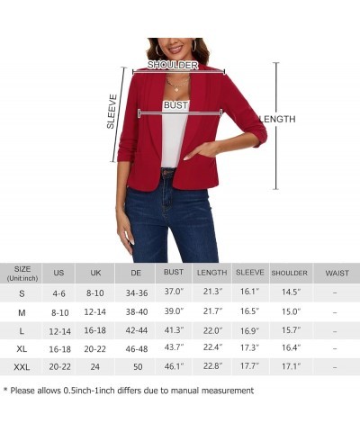 Womens Casual Blazers Open Front Shawl Lapel 3/4 Ruched Sleeve Blazer Work Office Lightweight Jackets with Pockets Red $17.63...