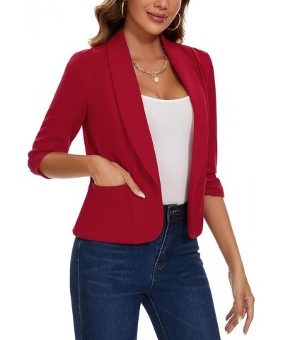 Womens Casual Blazers Open Front Shawl Lapel 3/4 Ruched Sleeve Blazer Work Office Lightweight Jackets with Pockets Red $17.63...