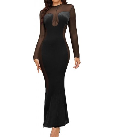 Women's Sexy See Through Mesh Dress Long Sleeve Velvet Bodycon Party Club Dress Black $17.98 Dresses