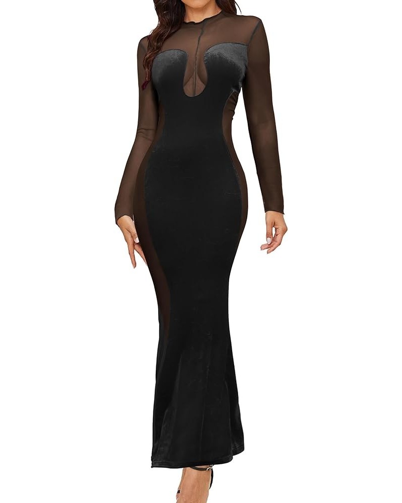 Women's Sexy See Through Mesh Dress Long Sleeve Velvet Bodycon Party Club Dress Black $17.98 Dresses