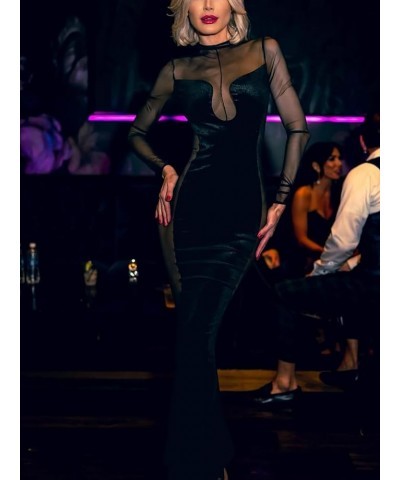 Women's Sexy See Through Mesh Dress Long Sleeve Velvet Bodycon Party Club Dress Black $17.98 Dresses