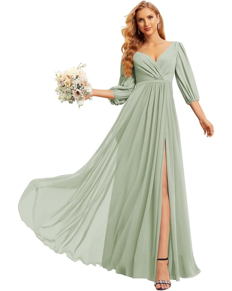 Chiffon Bridesmaid Dresses for Women with 3/4 Sleeves Long V Neck Formal Evening Dress with Slit CM137 Sage Green $36.91 Dresses