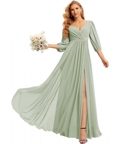 Chiffon Bridesmaid Dresses for Women with 3/4 Sleeves Long V Neck Formal Evening Dress with Slit CM137 Sage Green $36.91 Dresses