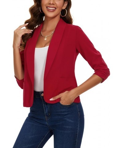 Womens Casual Blazers Open Front Shawl Lapel 3/4 Ruched Sleeve Blazer Work Office Lightweight Jackets with Pockets Red $17.63...